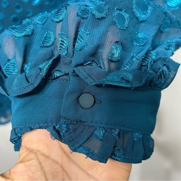 Dark ocean green jacquard-ruffle collar  Blouse Size L - Picture 5 of 10